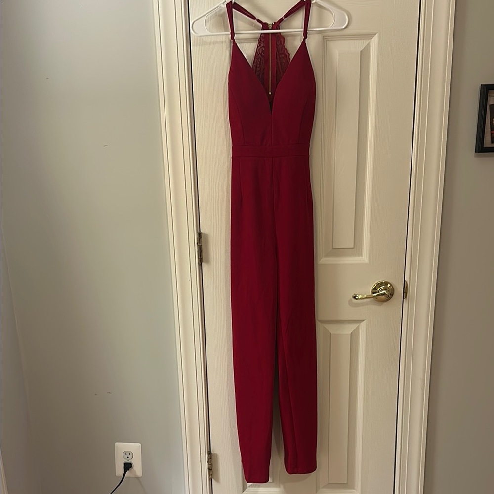 Emerald Sundae Red Jumpsuit with Spaghetti Straps and V-Neckline